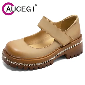 Aucegi/ Нови дамски лоферы; обувки-лодка от естествена кожа със кристали на платформа и дебел ток; ежедневни обувки, без съединителни в Ретро стил с квадратни пръсти