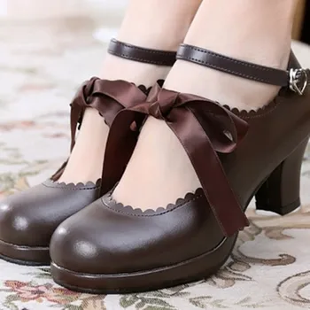 Ежедневни обувки за пиенето на чай в стил Лолита свързани с лък и вратовръзка на висок ток, японска сладка обувки в стил лолита
