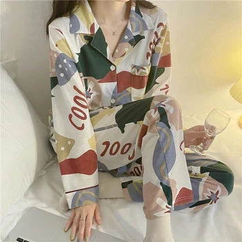 пролетен женски пижамный комплект casial tye die, домашно облекло, комплект от 2 теми, пижами, панталони, пижами с дълъг ръкав и принтом, костюм с графити D089 2