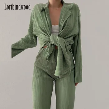Пролет 2022, Нова Мода Плиссированная Блуза, прави Панталони, Свободна Окачване + Жилетка, Комплект от три елемента за Жени 2