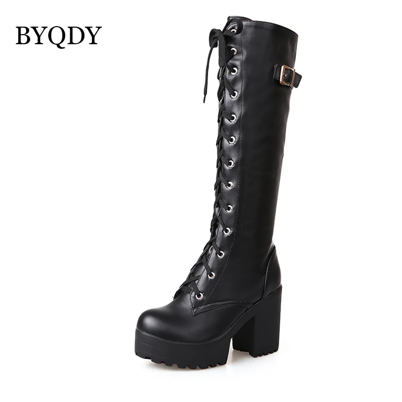 BYQDY/големи размери 43, ботуши до Коляното от изкуствена кожа с кръстосани шнур на платформа и висок масивна обувки С Кръгло бомбе, Дълги Ботуши-тръба, Женски Ботильоны дантела Изображение 3