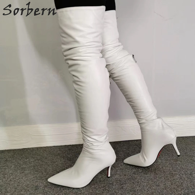 Sorbern/ Ботфорты над коляното на висок Ток с коте; Дамски Обувки с остри пръсти до средата на бедрото; Дамски Зимни Обувки; Дамски Бели обувки на Поръчка; Крака Изображение 1