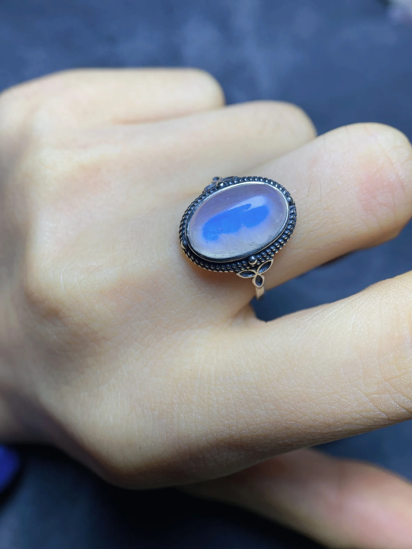 Бижута joyas feminina пръстени със скъпоценни камъни, от естествен син лунен камък S925 стерлинговое сребро вдигане на дограма реколта овални линии за пръстите Изображение 5