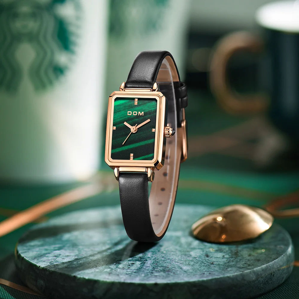 Дамски часовници DOM С Малък Зелен Диск, Модни Луксозни Тенденция на Ежедневните Непромокаеми Кожени Дамски часовници за гмуркане G-1337 Изображение 2