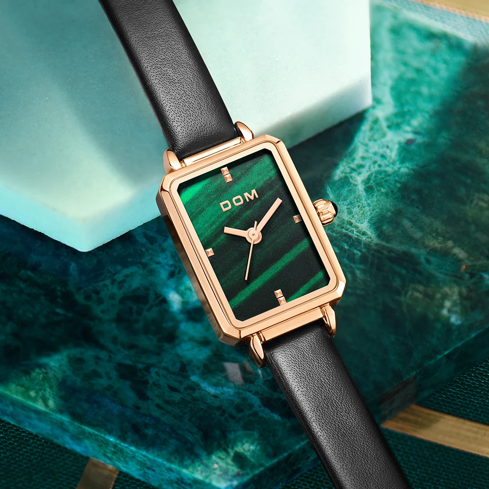 Дамски часовници DOM С Малък Зелен Диск, Модни Луксозни Тенденция на Ежедневните Непромокаеми Кожени Дамски часовници за гмуркане G-1337 Изображение 3