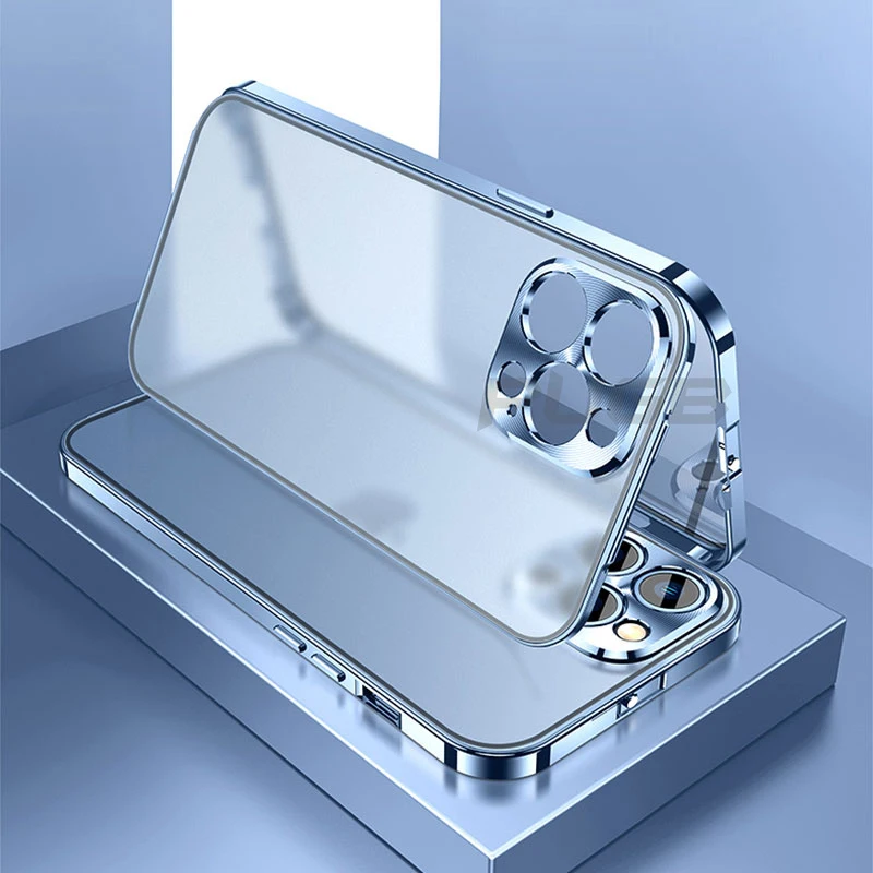 Луксозен Двустранен Стъклен Алуминиева Метална Броня Калъф За iPhone 13 12Pro Max 13pro Матиран Прозрачен 360 Защита устойчив на удари Калъф Изображение 1
